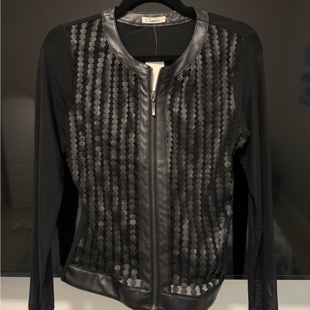 NEW Black zippered Sheer Mesh Jacket with Leather Paneled Accents NWT